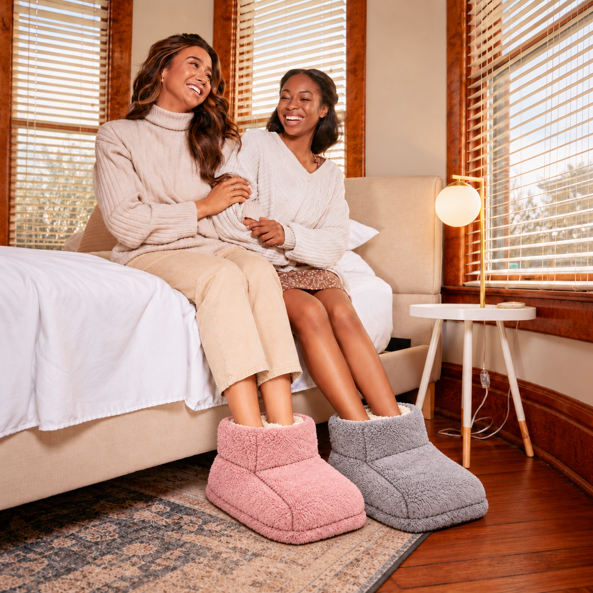 Two women relaxing together with pink and grey heated foot warmers